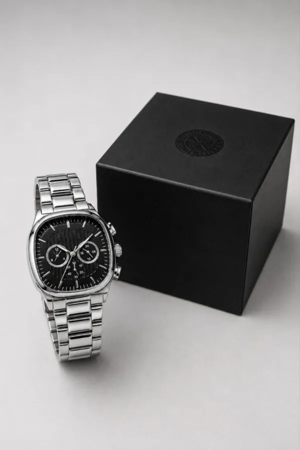 Erkek Gümüş Renk Metal Kordon Analog Kol Saati Siyah Kadran Takvim Göstergeli - Gümüş