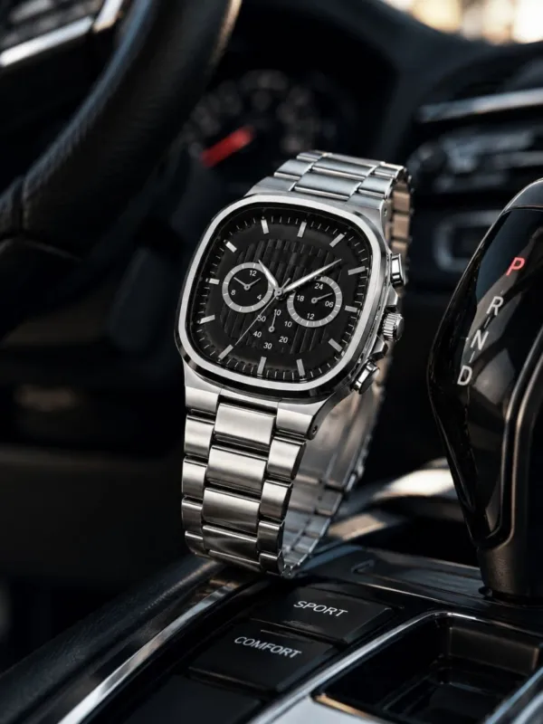 Erkek Gümüş Renk Metal Kordon Analog Kol Saati Siyah Kadran Takvim Göstergeli - Gümüş