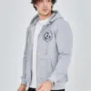 Erkek 3 İplik Pamuklu Fermuarlı Kapüşonlu Kanguru Cepli Baskılı Hoodie Hırka Sweatshirt -gri