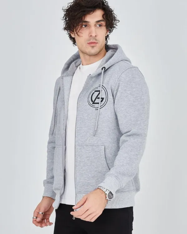 Erkek 3 İplik Pamuklu Fermuarlı Kapüşonlu Kanguru Cepli Baskılı Hoodie Hırka Sweatshirt -gri
