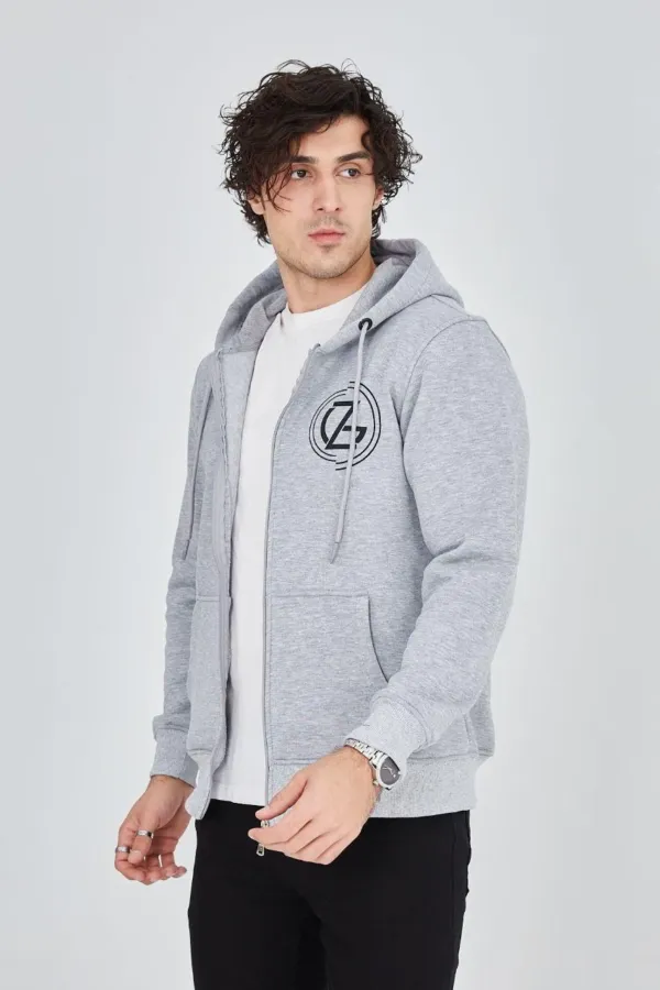 Erkek 3 İplik Pamuklu Fermuarlı Kapüşonlu Kanguru Cepli Baskılı Hoodie Hırka Sweatshirt -gri