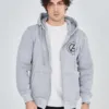 Erkek 3 İplik Pamuklu Fermuarlı Kapüşonlu Kanguru Cepli Baskılı Hoodie Hırka Sweatshirt -gri