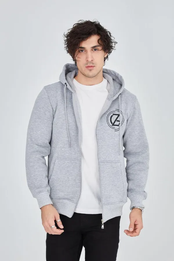 Erkek 3 İplik Pamuklu Fermuarlı Kapüşonlu Kanguru Cepli Baskılı Hoodie Hırka Sweatshirt -gri