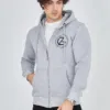 Erkek 3 İplik Pamuklu Fermuarlı Kapüşonlu Kanguru Cepli Baskılı Hoodie Hırka Sweatshirt -gri
