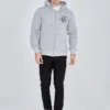Erkek 3 İplik Pamuklu Fermuarlı Kapüşonlu Kanguru Cepli Baskılı Hoodie Hırka Sweatshirt -gri