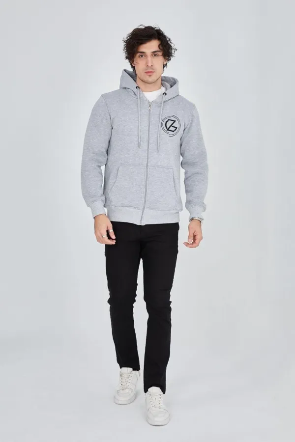 Erkek 3 İplik Pamuklu Fermuarlı Kapüşonlu Kanguru Cepli Baskılı Hoodie Hırka Sweatshirt -gri