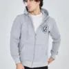Erkek 3 İplik Pamuklu Fermuarlı Kapüşonlu Kanguru Cepli Baskılı Hoodie Hırka Sweatshirt -gri