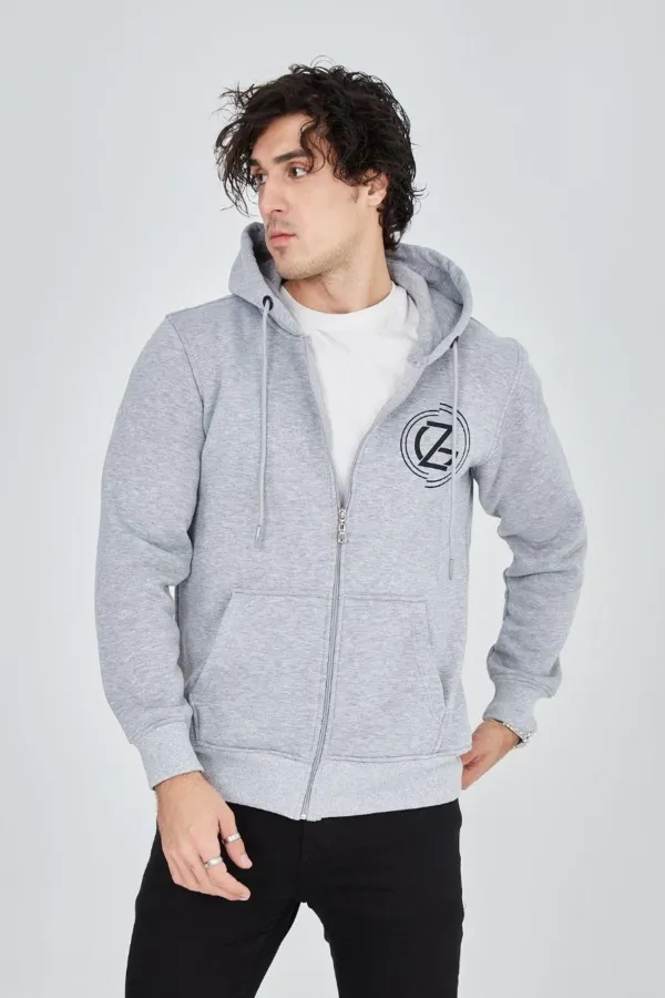 Erkek 3 İplik Pamuklu Fermuarlı Kapüşonlu Kanguru Cepli Baskılı Hoodie Hırka Sweatshirt -gri