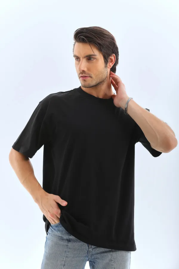 Erkek Düz Yazlık Kısa Kol Tişört Bisiklet Yaka Oversize T-shirt - Siyah Erkek Düz Yazlık Kısa Kol Tişört Bisiklet Yaka Oversize T-shirt - Siyah