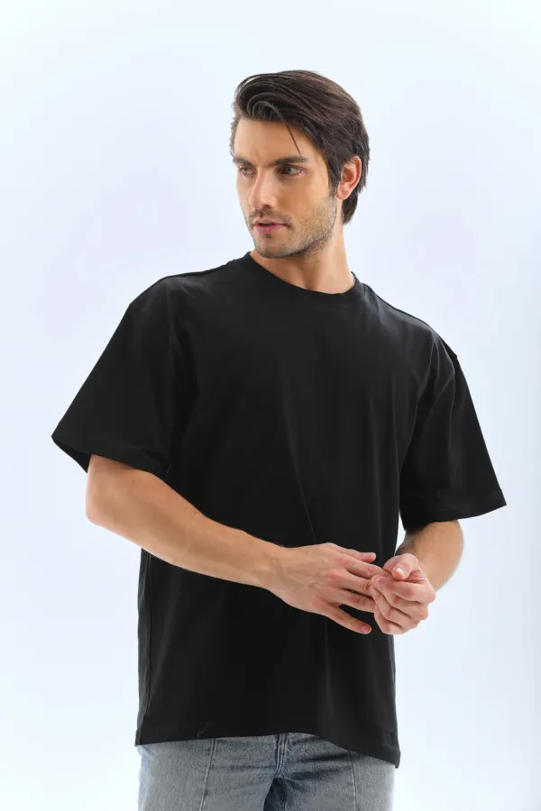 Erkek Düz Yazlık Kısa Kol Tişört Bisiklet Yaka Oversize T-shirt - Siyah Erkek Düz Yazlık Kısa Kol Tişört Bisiklet Yaka Oversize T-shirt - Siyah