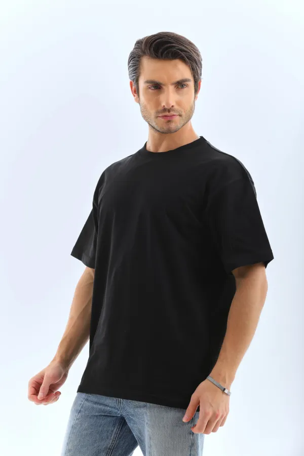 Erkek Düz Yazlık Kısa Kol Tişört Bisiklet Yaka Oversize T-shirt - Siyah Erkek Düz Yazlık Kısa Kol Tişört Bisiklet Yaka Oversize T-shirt - Siyah