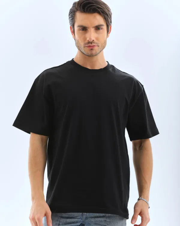 Erkek Düz Yazlık Kısa Kol Tişört Bisiklet Yaka Oversize T-shirt - Siyah