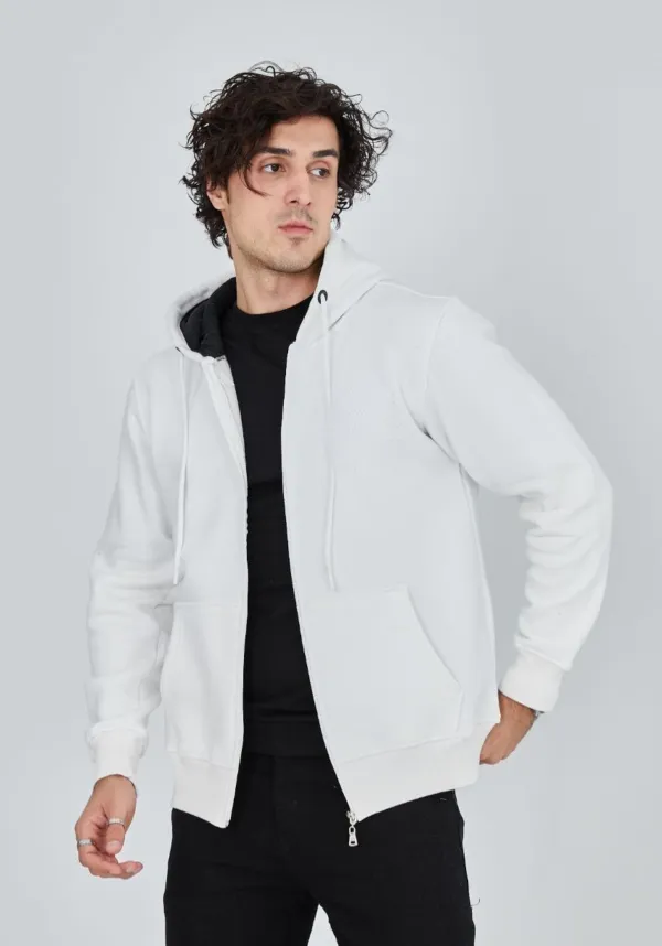Erkek 3 İplik Pamuklu Kapüşonlu Tam Fermuarlı Cepli Hoodie Sweatshirt - Beyaz Erkek 3 İplik Pamuklu Kapüşonlu Tam Fermuarlı Cepli Hoodie Sweatshirt - Beyaz