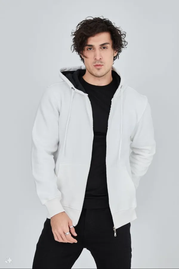Erkek 3 İplik Pamuklu Kapüşonlu Tam Fermuarlı Cepli Hoodie Sweatshirt - Beyaz Erkek 3 İplik Pamuklu Kapüşonlu Tam Fermuarlı Cepli Hoodie Sweatshirt - Beyaz