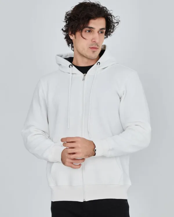 Erkek 3 İplik Pamuklu Kapüşonlu Tam Fermuarlı Cepli Hoodie Sweatshirt - Beyaz