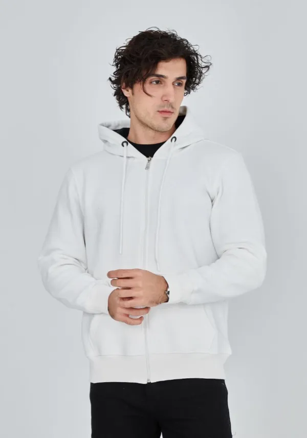 Erkek 3 İplik Pamuklu Kapüşonlu Tam Fermuarlı Cepli Hoodie Sweatshirt - Beyaz Erkek 3 İplik Pamuklu Kapüşonlu Tam Fermuarlı Cepli Hoodie Sweatshirt - Beyaz