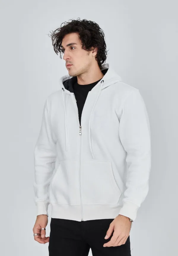 Erkek 3 İplik Pamuklu Kapüşonlu Tam Fermuarlı Cepli Hoodie Sweatshirt - Beyaz Erkek 3 İplik Pamuklu Kapüşonlu Tam Fermuarlı Cepli Hoodie Sweatshirt - Beyaz