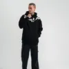 Erkek 3 İplik Pamuklu Kapüşonlu Baskılı Cepli Oversize Sweatshirt Hoodie - Siyah