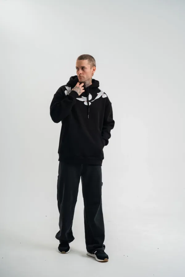 Erkek 3 İplik Pamuklu Kapüşonlu Baskılı Cepli Oversize Sweatshirt Hoodie - Siyah