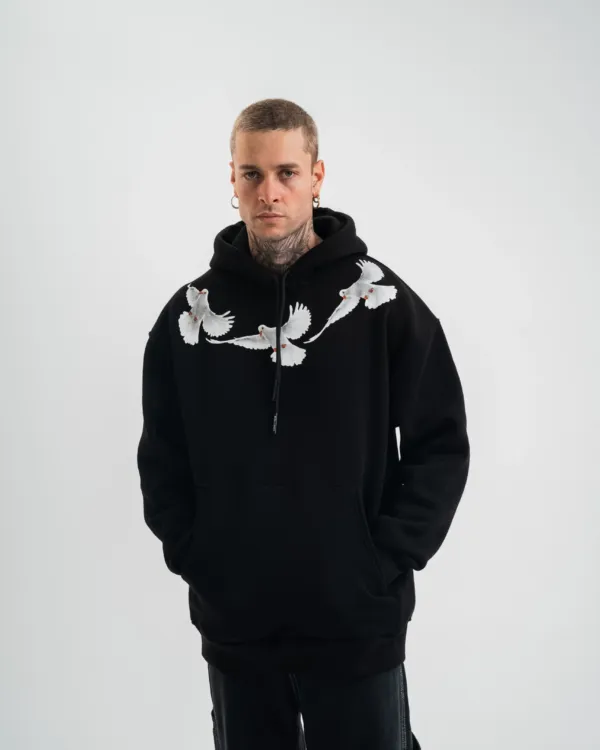 Erkek 3 İplik Pamuklu Kapüşonlu Baskılı Cepli Oversize Sweatshirt Hoodie - Siyah