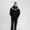 Erkek 3 İplik Pamuklu Kapüşonlu Baskılı Cepli Oversize Sweatshirt Hoodie - Siyah